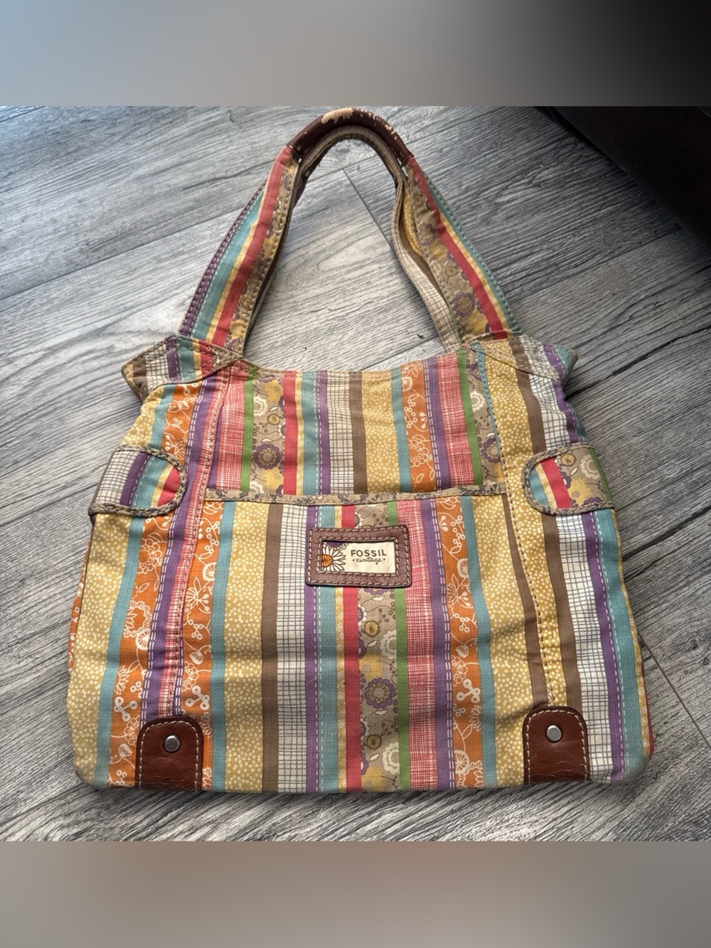 Fossil Multicolor Striped Canvas Satchel with Brown Trim